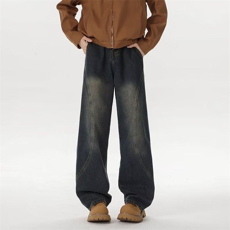 春季美式高街设计感分割宽松直筒牛仔裤男vibe风潮牌休闲阔腿裤子，男装牛仔裤，星座410-6（原星座1304-1）