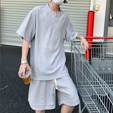 2026夏V领短袖冰丝T恤套装大码男纹理提花半袖TZ5677/特P45灰5，男装T恤，电商A094