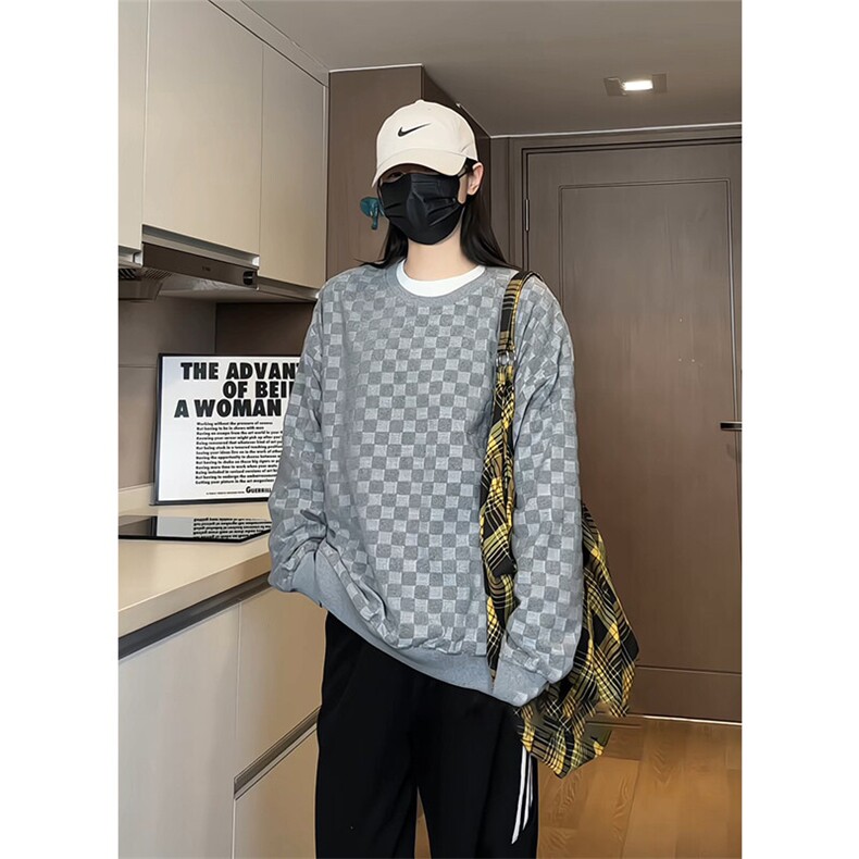 S5020/特P32春装新款棋盘格套头卫衣男潮宽松百搭长袖T恤外套,男装卫衣,电商A141