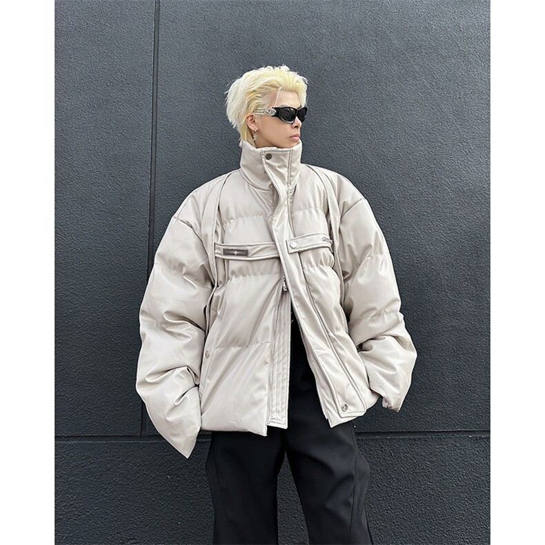 冬季小众解构PU皮加厚棉服外套金属绑带设计感面包服MY088-P110图片