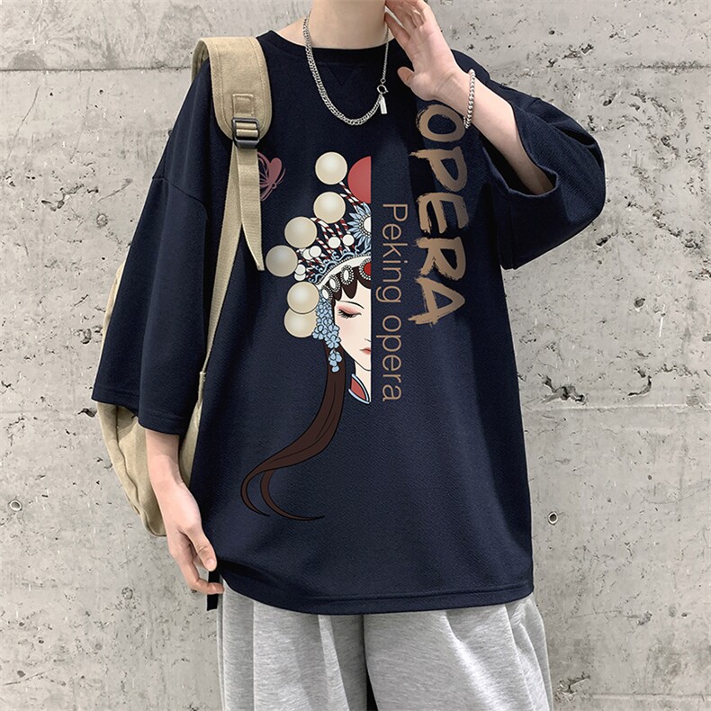 Q11161-P30京剧脸谱春夏季七分袖t恤大码五分袖男短袖中袖大皂风,男装T恤,电商A040
