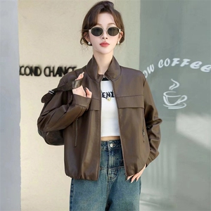 2024春秋款仿绵羊皮中古机车皮夹克立领仿真皮皮衣宽松短款外套女图片
