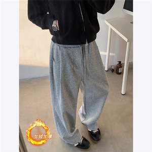 美式弯刀裤子男生秋冬季加绒加厚垂坠感卫裤宽松直筒阔腿拖地长裤图片