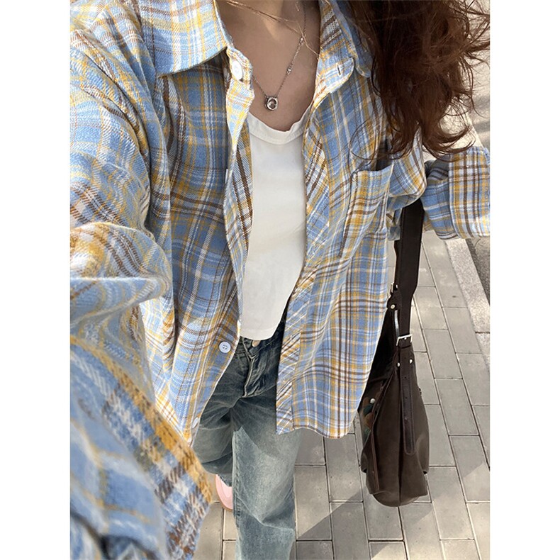黄蓝色磨毛格子衬衫女秋季高级感慵懒风格纹衬衣美式复古长袖外套,男装衬衫,电商A086-1