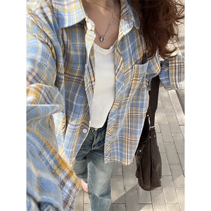 黄蓝色磨毛格子衬衫女秋季高级感慵懒风格纹衬衣美式复古长袖外套