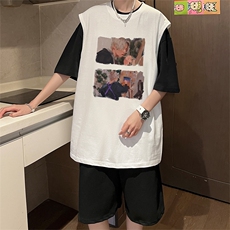 直播品质美式宽松纯棉背心无袖t恤短裤大码两件套套装TZ52-P58，男装T恤，电商A486