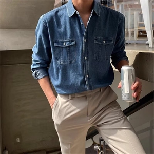 春秋季美式水洗复古牛仔衬衫男长袖宽松潮牌高街百搭衬衣CSC912图片