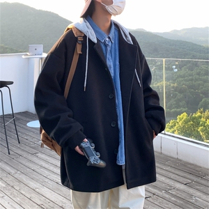 N6108/P95秋冬港风连帽假两件中长款毛呢大衣男大码风衣呢料上衣图片