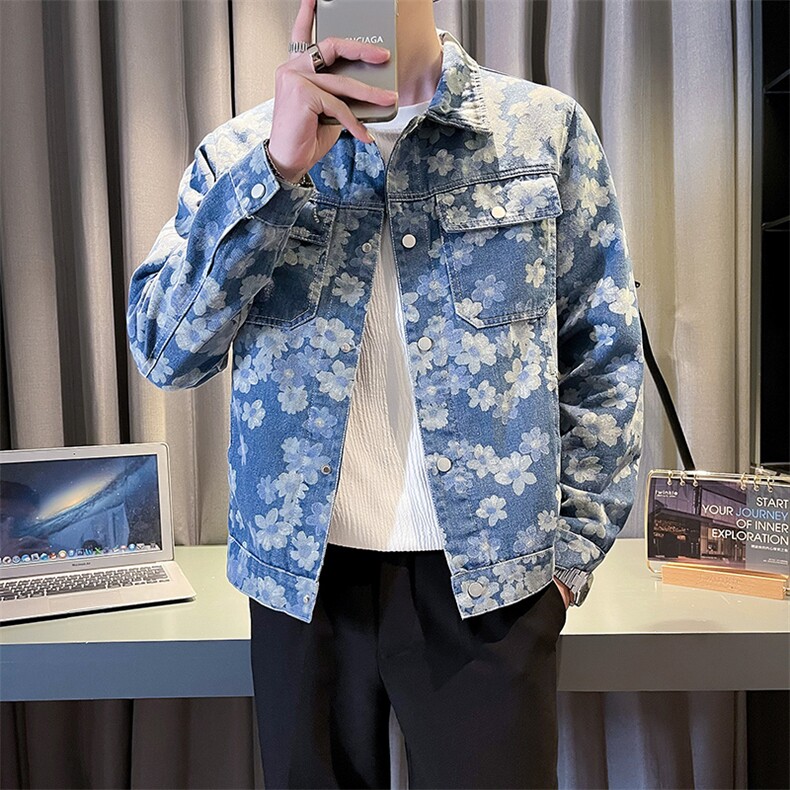 2025秋季新款水洗男士牛仔夹克个性提花印花图案外套,男装工装外套,电商A225