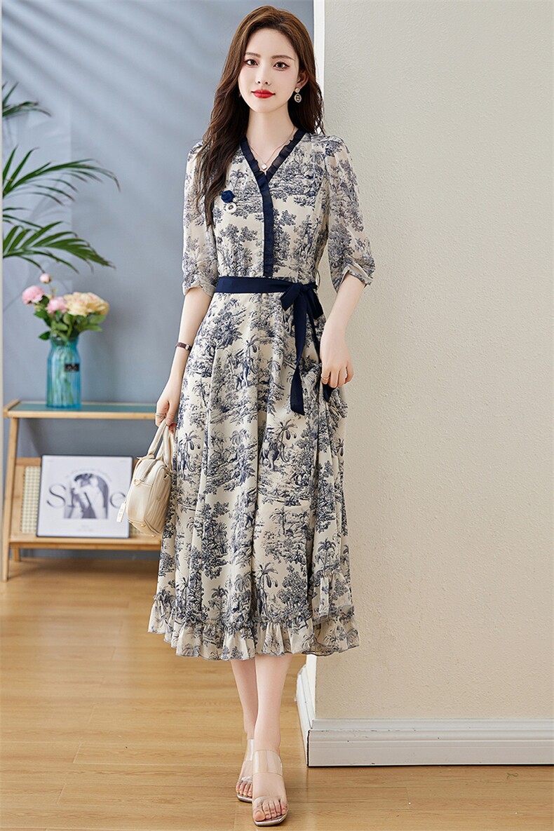 《现货新品》轻薄中袖气质舒适印花连衣裙,女装连衣裙,魅丽静蓝