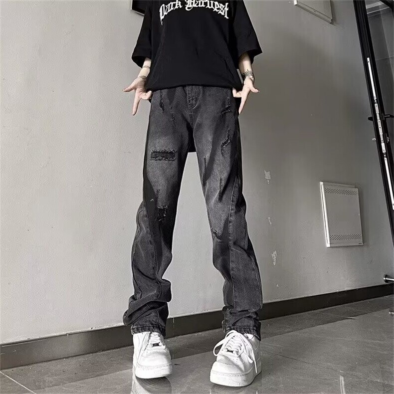 欧美vibe风高街破洞补丁拼接牛仔裤男女春秋季新款青少年炸街裤子,男装牛仔裤,星座506A