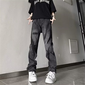 欧美vibe风高街破洞补丁拼接牛仔裤男女春秋季新款青少年炸街裤子图片