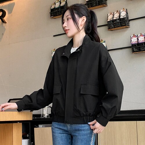 小个子纯色立领夹克拉链上衣女2022秋新款时尚百搭休闲通勤短外套图片
