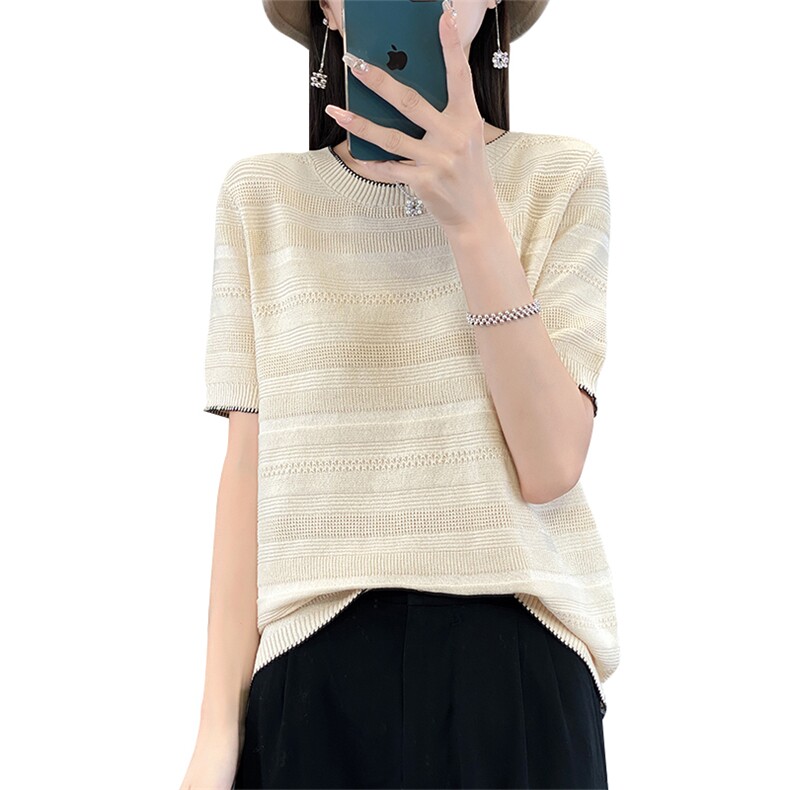 短袖t恤女2025新款拼接显瘦遮肚子大码女装夏季薄款冰丝针织衫韩,针织衫/毛衣,萱芳婷羊绒