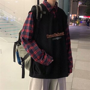 春季假两件卫衣男衬衫领慵懒bf宽松潮牌港风ins格子外套w012-p42，男装卫衣，星座1008-1