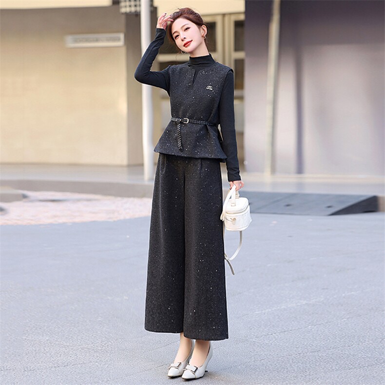 灰色高级小香风马甲套装女2025春新款气质显瘦高腰阔腿裤三件套,女装套装/套裙,歌伊格美