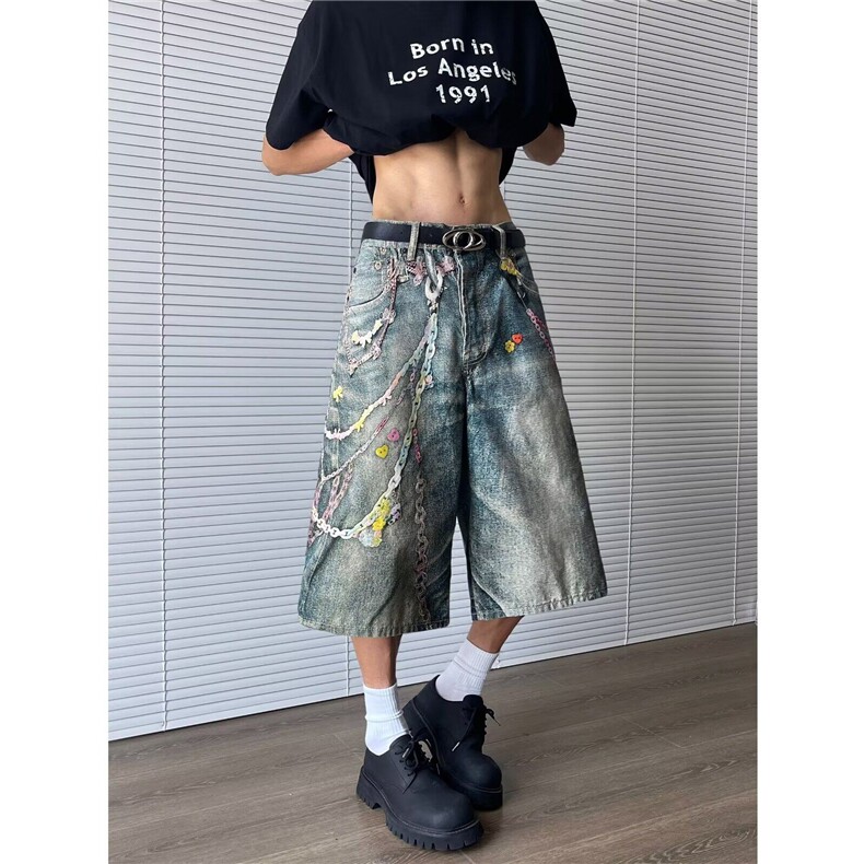 美式复古链条印花牛仔裤子美2025辣妹hiphop嘻哈拖地裤RK2836-P55,男装牛仔裤,星座412-3