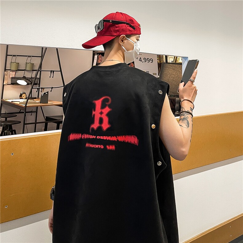 港风夏装新款麂皮绒印花可拆卸圆领宽松短袖T恤男背心潮D286P38,男装背心/马甲,电商A335-1（原A458）