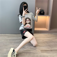 女夏季新款韩版运动休闲套装圆领卡通印花短袖宽松牛仔短裤两件套，女装套装/套裙，江南