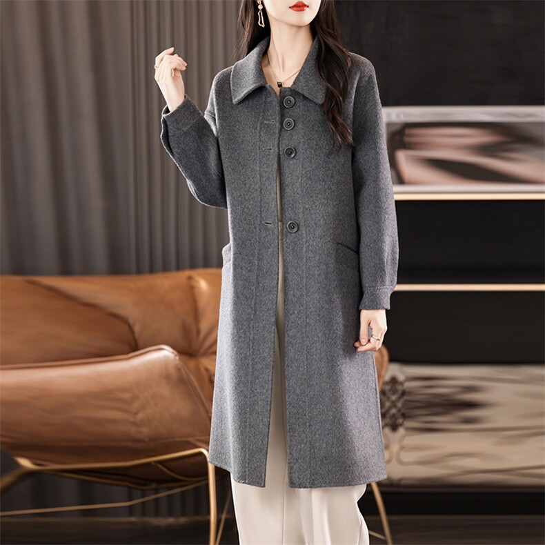 2024秋季新款纯色POLO领中长款双面呢大衣通勤百搭，女装双面呢大衣，贝源羊绒