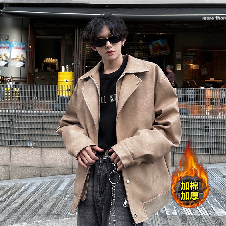双层西装领小小铆钉假两件高品质皮衣夹克外套常规P148加棉P168，男装皮衣，电商B319