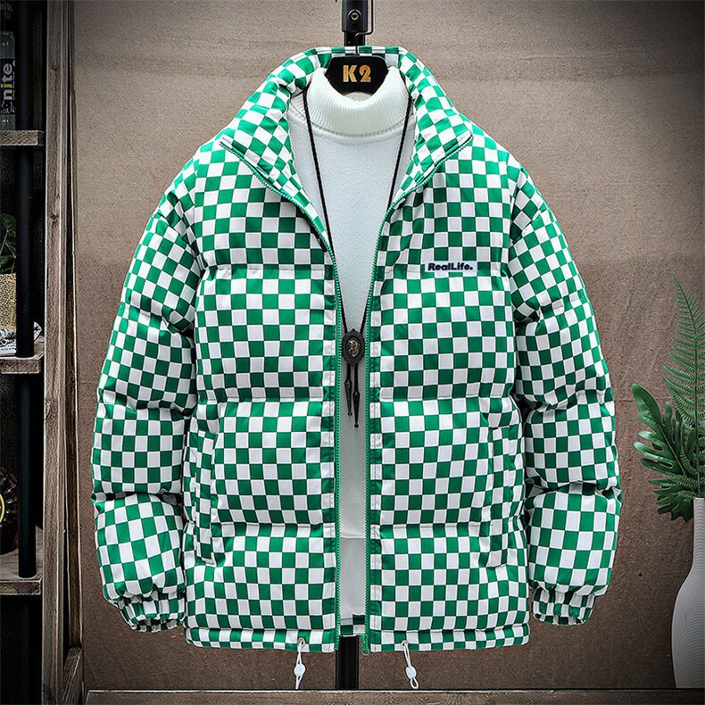 美式高街棋盘格子立领面包服男女情侣装棉服外套班服M0758-P98图片