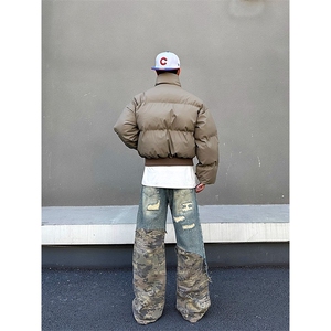 现货5W件冬季三防重磅硬挺boxy短款羽绒立领PU皮棉衣外套加厚棉服图片