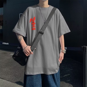 2023春夏季新款男休闲纯棉植绒兔子五分袖圆领短袖BE01P26图片