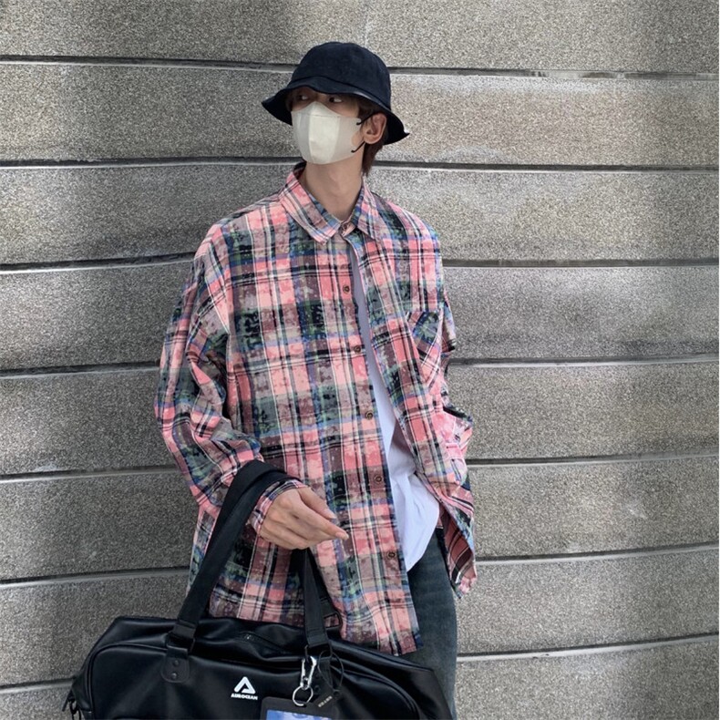 美式扎染复古水洗做旧格子衬衫长袖男士外套CS7232P55控89,男装衬衫,电商B413-1