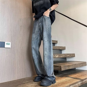 做旧泼墨牛仔裤ins休闲裤潮直筒微喇vibe显瘦裤子 N7275图片