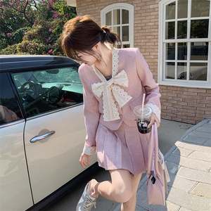 温柔粉色甜美小香风套装裙女2025早春新款毛呢短外套百褶裙两件套图片