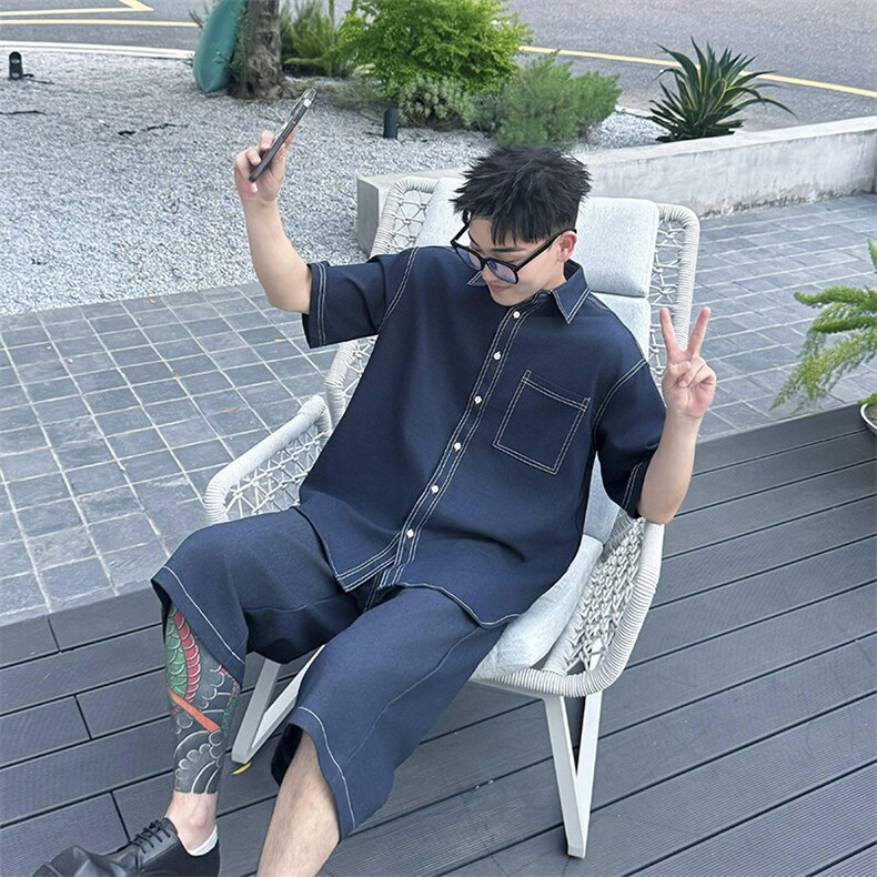 2025夏季韩系高档轻奢做旧Polo领牛仔短袖男士时尚套装TZ03/P178,男装休闲套装,星座305B