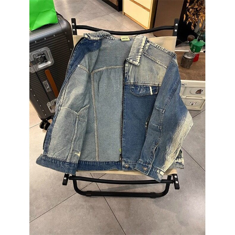 W9184-P78网图现货春季新款美式高街水洗做旧拉链牛仔外套,男装工装外套,星座1608-2