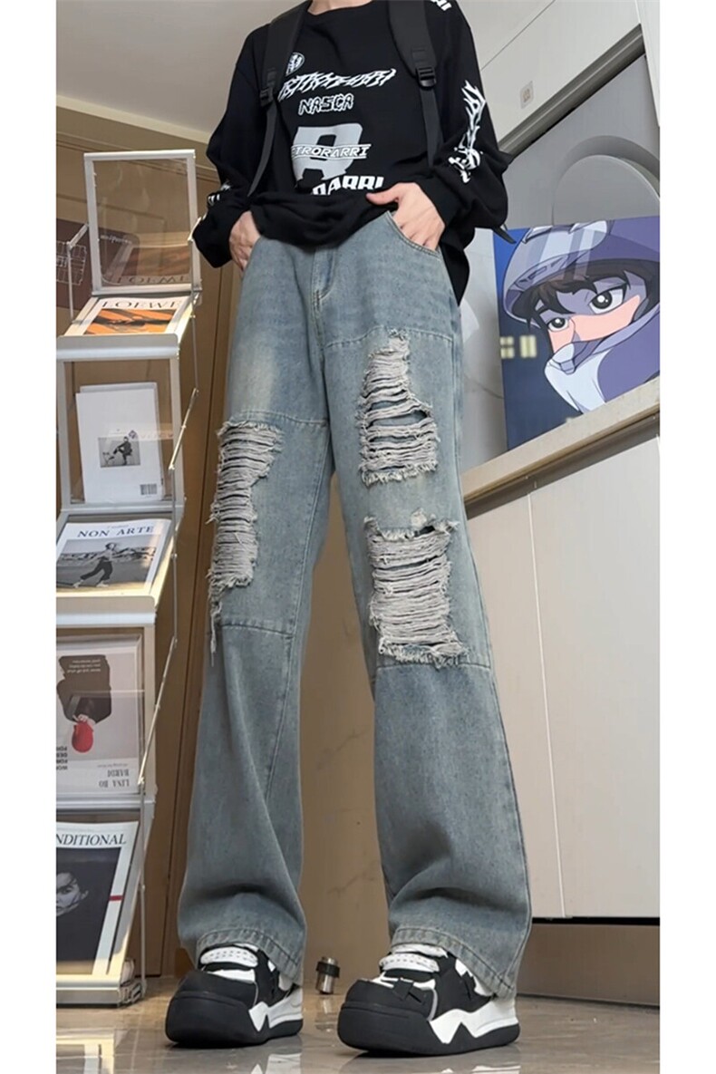 潮牌直筒破洞设计百搭牛仔裤痞帅时尚个性休闲长裤K606TP48控78,男装牛仔裤,电商A102B