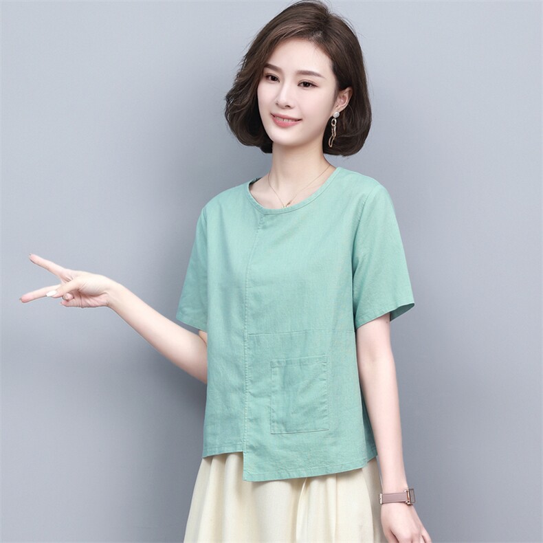 亚麻女高端棉麻2025新款女士T恤年轻款高端中年妈妈,女装T恤,璐依舞