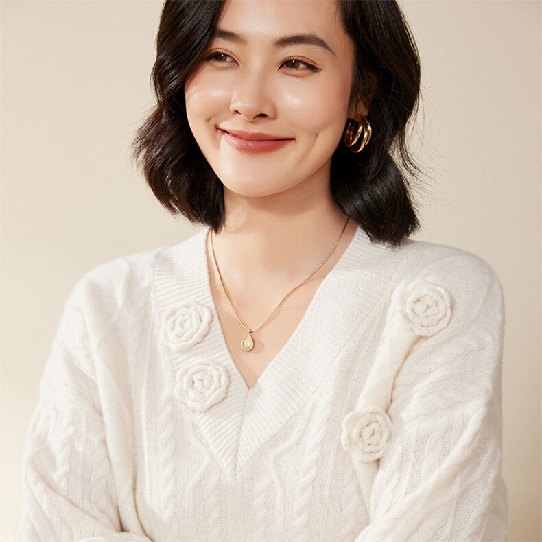2024秋装新款V领女修身显瘦长袖内搭打底羊毛毛衣,女装羊毛衫,北娇羊绒