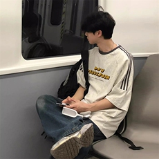 夏季美式高街重磅纯棉三条杠织带撞色男女短袖T恤ZD368-特P30，男装T恤，电商A486