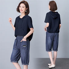 夏季时尚女装夏季流行新款宽松文艺拼接休闲六分哈伦牛仔裤女，女装牛仔裤，文熹诺