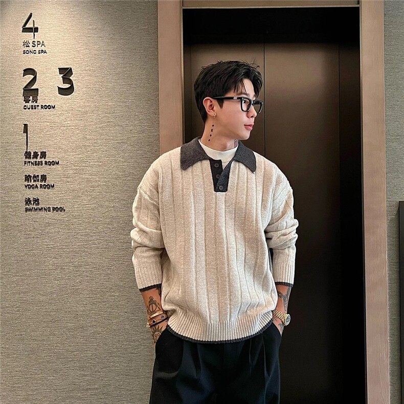 203-6F2543P58～撞色拼接海鸥领老钱风肌理Polo领毛衣，男装针织衫/毛衣，星座203-6(原电商259)