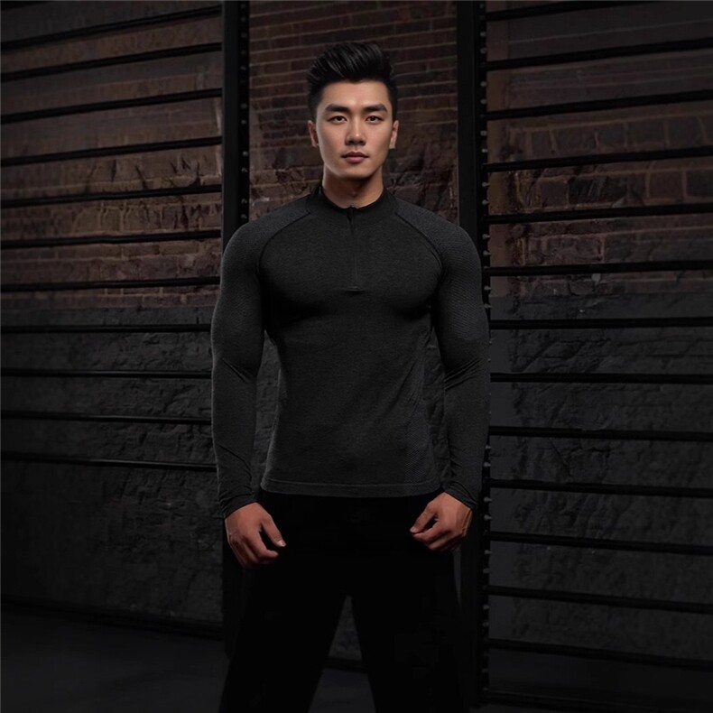 无缝拉链修身长袖T恤提花训练健身户外打底衫运动速干CT46P40特,男装T恤,电商D256