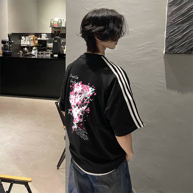 抖音得物高品质二开240克宽松纯棉美式潮牌三条杠织带短袖T恤,男装T恤,电商A486-1