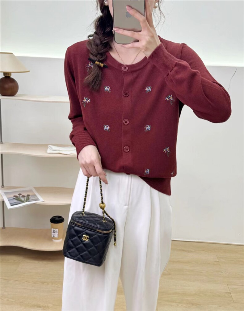 全身刺绣小花开衫长袖圆领2024年秋季针织上衣,女装羊毛衫,百纯羊绒
