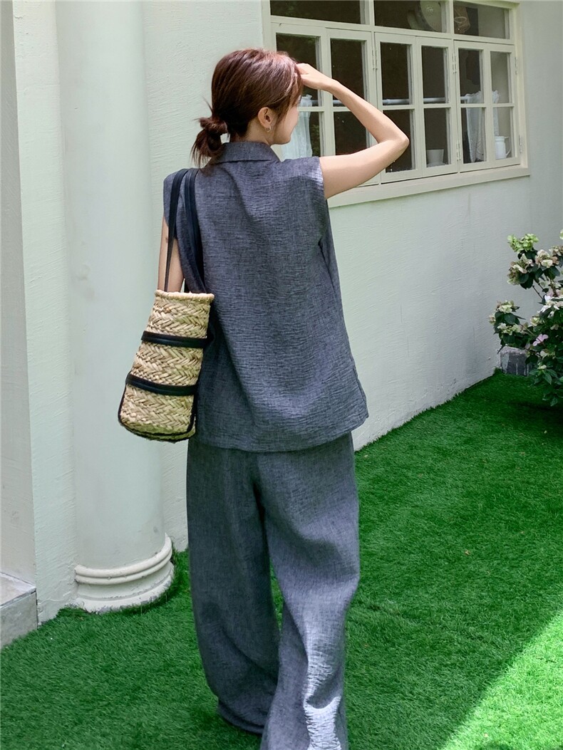 韩系高级感深灰色马甲套装女2025年夏季新款减龄显瘦阔腿裤两件套,女装套装/套裙,蝶眷