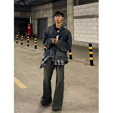 假两件拼接格子牛仔外套男款美式复古潮牌炸街工装牛仔衣痞帅夹克，男装工装外套，星座601-1