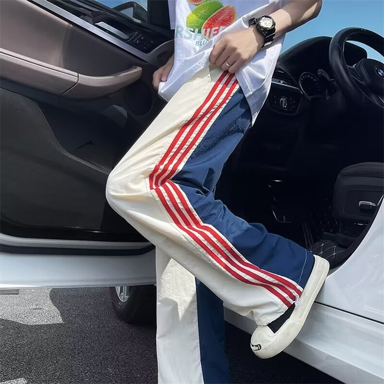 美式高街拼接条纹运动裤男女直筒裤情侣阔腿工装休闲裤A6055-p39,男装工装外套,星座1008