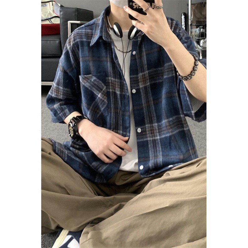 夏季韩版潮流复古格子短袖衬衫翻领帅气衬衣DSA157B-CS4231-P38,男装T恤,电商A157B