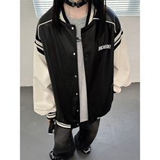 主推美式复古拼接罗纹pu棒球服情侣皮衣夹克外套男女G1094P108，男装夹克，电商A339