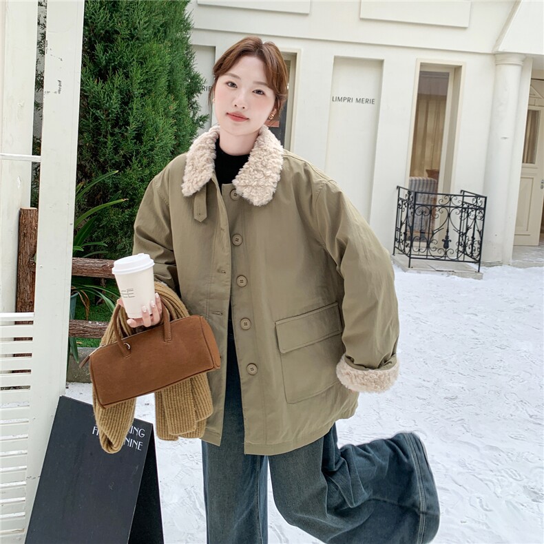 羊羔毛翻领工装羽绒服女2025年冬季新款中长款加厚90白鸭绒派克服,女装羽绒服,2B187