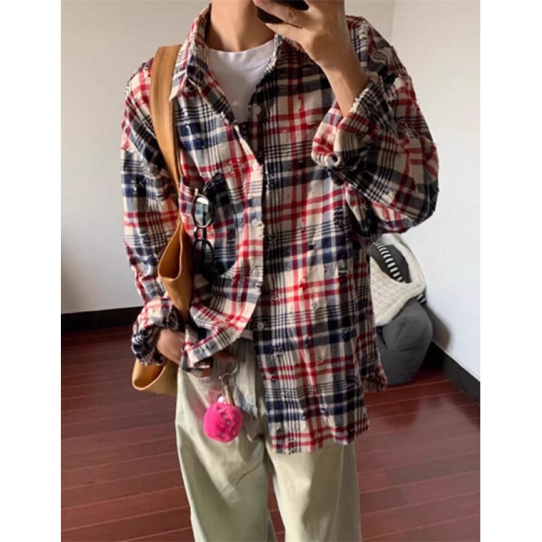 秋季复古设计感拼色破洞格纹长袖衬衫男休闲宽松衬衣外套C3030,男装衬衫,星座1116A（原606A-3）