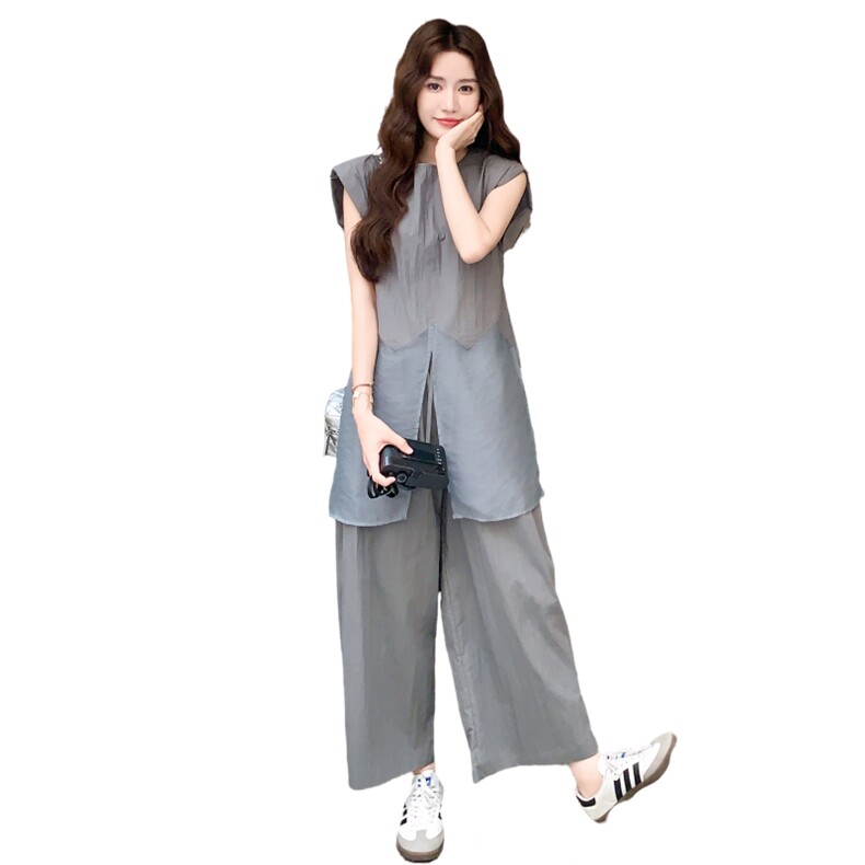 网纱拼接无袖灰色衬衫阔腿裤套装女夏巨好看两件套小众设计感爆款,女装套装/套裙,2C211
